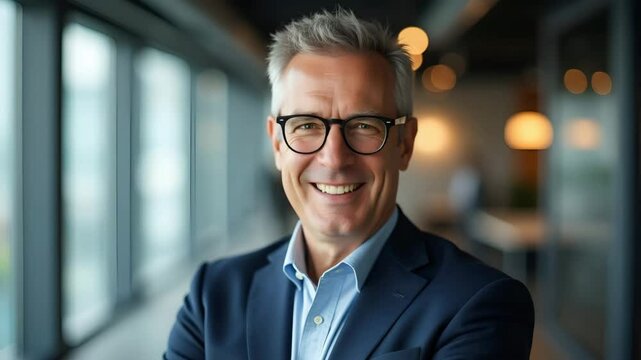 Confident smiling middle aged businessman executive and manager stands in office wearing glasses poses for headshot close up portrait showcasing professionalism and maturity concept as Confident smili