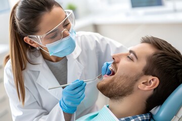Dentist wearing mask and goggles examines patient s teeth with dental mirror