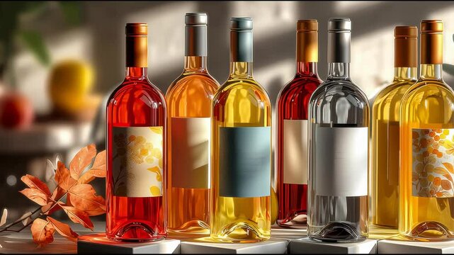 Colorful glass bottles with blank labels standing in sunlight, showcasing vibrant transparency and summer tones