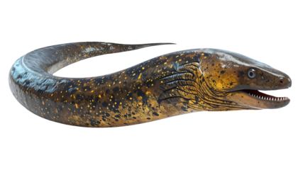 highly detailed 3d eel sculpture with open mouth and sharp teeth, shiny black and gold creature with organic texture on isolated background
