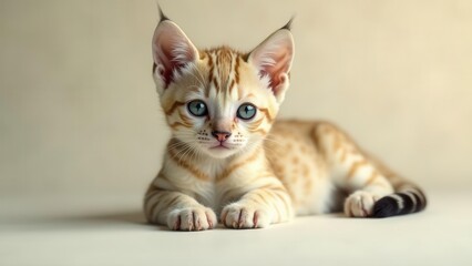 Adorable Kitten with Striking Green Eyes and Striking Pattern Posing on a Neutral Background