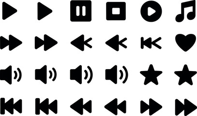 Collection of black media player icons including play pause stop rewind fast forward volume and favorite