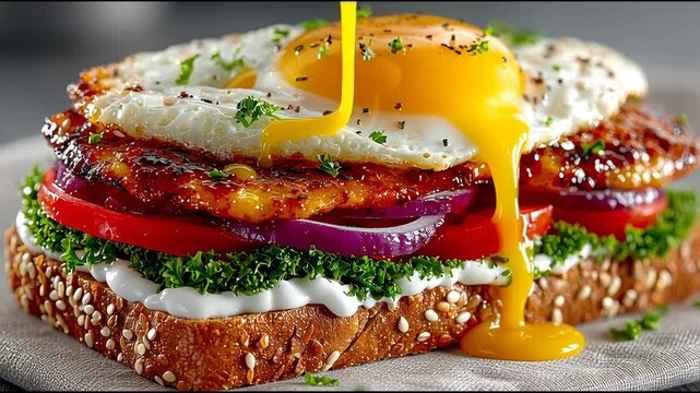 Toasted multigrain bread topped with kale, cherry tomatoes, creamy spread, and a perfectly fried egg seasoned with pepper