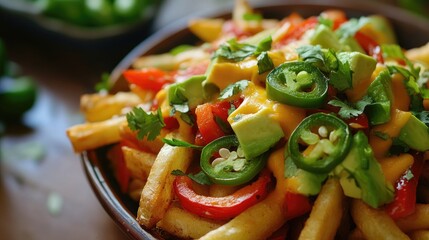 Loaded vegetarian fries with avocado, roasted peppers, jalapeno peppers and cheddar cheese