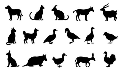 Animal Silhouette Set Vector. Minimalist Set Featuring Cow, Dog, Cat, Hen, Duck and More Farm Animals