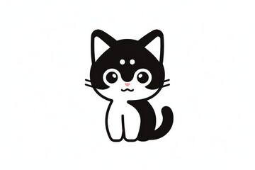 Fototapeta premium Cute cartoon cat logo with simple black and white lines, flat vector illustration, clear front view outline on white background, high resolution