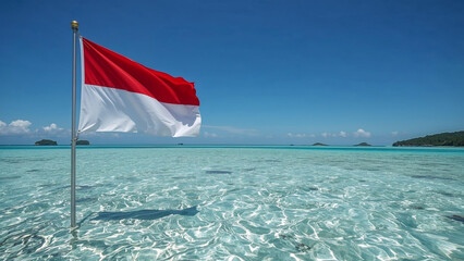 Indonesian Flag Waving in the Breeze Over Crystal Clear Tropical Water, Idyllic Island Paradise...