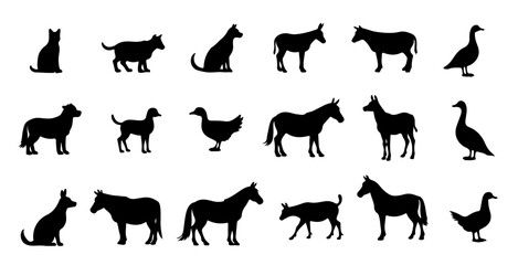 Domestic Pet and Silhouette Set in Vector Style. Pack of Standing Animals Like Cow, Cat, Dog, and Hen for Eco Branding and Organic Product Labels
