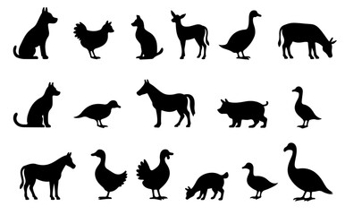 Farm Life in Vector Silhouette Set. Pack of Standing Animals Like Cow, Cat, Dog, and Hen for Eco Branding and Organic Product Labels
