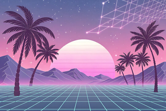 Retro synthwave landscape with palm trees mountains and neon grid floor