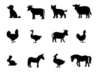 Minimalist Animal Silhouette Vector Pack. Domestic Pets and Farm Animals Like Cat, Horse, Cow and Hen for Branding and Educational Use