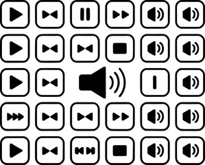 Collection of black media player icons including play pause fast forward rewind and volume controls