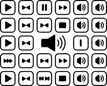 Collection of black media player icons including play pause fast forward rewind and volume controls