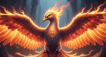 Obraz premium Majestic Fiery Phoenix with Open Wings Emerging from Mystical Flames