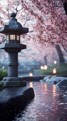 Serene Japanese Garden Scene with Stone Lantern and Cherry Blossoms