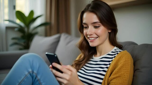 Flat Young Woman Relaxed on Couch Using Smartphone: Smiling, Enjoying Online Shopping, Watching Videos, E-Learning - Cute Vector Illustration for Smart Business Concepts
