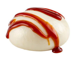 fluffy white steamed bao bun topped with glossy hoisin sauce drips, asian street food snack on isolated background
