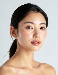 日本人, 超リアル, 美しい, 若い女性, 顔, クローズアップ, 欠点のない肌, 輝く肌質, ナチュラルメイク, 柔らかなライティング, 美容CM風, シネマティック, カメラ目線, 高解像度,Japanese, ultra-realistic, beautiful, young woman, face, close-up, flawless skin, glowing complexion