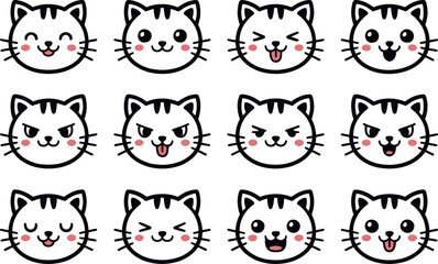 Collection of twelve cute cartoon cat faces expressing various emotions