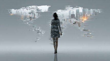 A silhouetted figure of a woman appears fragmented and pixelated, blending with a futuristic cityscape in a digital, abstract style.