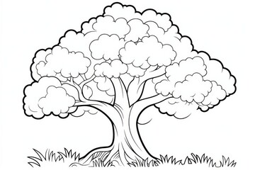 Naklejka premium Simple bold line drawing of an adorable oak tree with clouds, grass, and sky, clean and clear doodle style for children’s coloring on white background