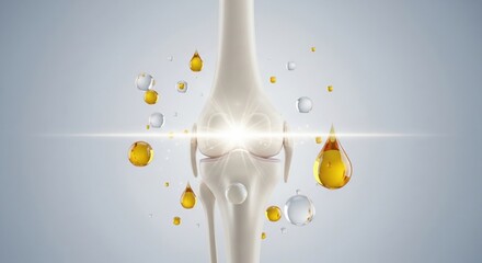 Obraz premium Joint Health Supplement: A detailed illustration of a human knee joint, surrounded by glistening droplets of oil, symbolizes lubrication and joint health.