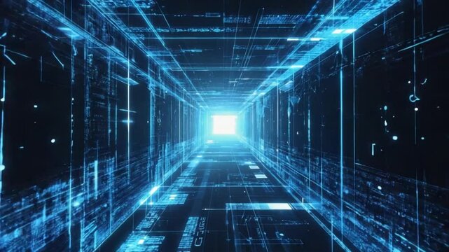 Digital data stream and technology background featuring abstract blue tunnel and futuristic data processing for next generation networks.
