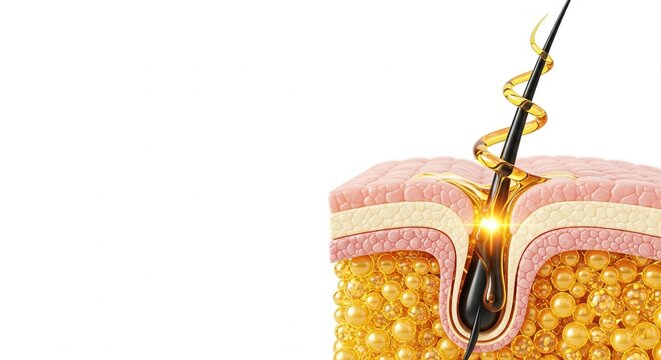 Hair Follicle Anatomy: An artistic rendering showcases the detailed structure of a hair follicle, with layers and components illuminated in a clean style.