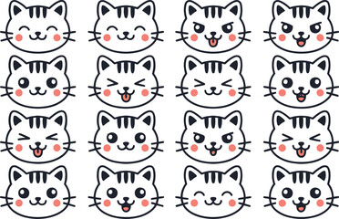 Collection of 16 cute kawaii cat faces with different expressions and emotions