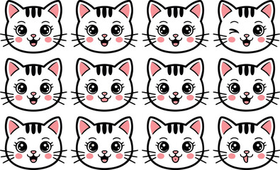 Collection of cute kawaii cat faces with different expressions and emotions