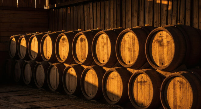 Stacked Oak Wine Barrels in Golden Sunlight Showing Wood Grain and Texture.