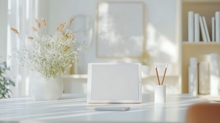A blank white tablet screen sits on a bright, sunlit desk with flowers