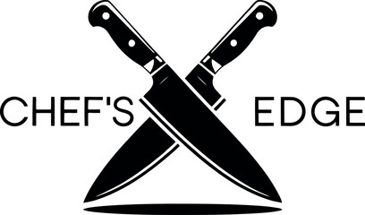 Two crossed chef knives with the text chefs edge in black and white