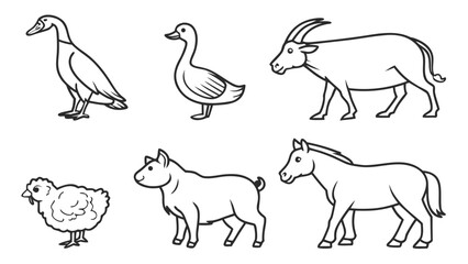 "Linear vector illustrations of domestic farm animals, clean outline style, white background, monochrome set of goose, turkey, chick, duck, sheep, horse, pig, donkey, and ox"

