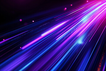 Abstract diagonal streaks of vibrant neon light on a dark background. A cascade of purple and blue lines suggests high-speed connectivity and digital data flow on an abstract plane