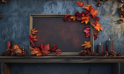 Autumnal Wall Art Frame Mockup on Wooden Shelf 