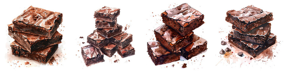 Set of watercolor style chocolate brownie stacks isolated on transparent background

