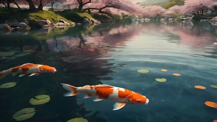 Koi Fish Swimming in Serene Water with Japanese Lanterns in a Tranquil Garden