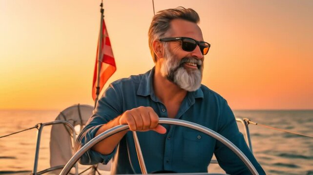 Sunset Sailing: Joyful Captain at the Helm
