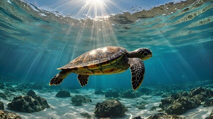 Turtle Swimming Underwater in Sunlit Ocean