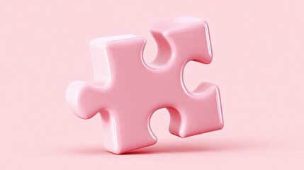 Obraz premium Single pink puzzle piece, glossy and 3D, isolated against a soft pink backdrop. Symbolizes connection, problem-solving, and potential solutions.