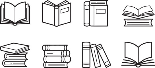 Line Art Book Icons Set – Open, Closed, and Stacked Books Vector Collection