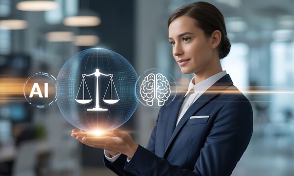 Professional Woman Holding Glowing Ai, Balance, Brain Icons in Office