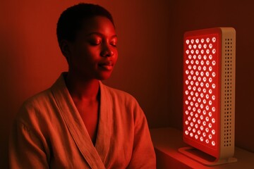 Woman sitting in front of red light therapy panel in dark room. Skincare procedure with LED device. Beauty treatment and facial rejuvenation concept for health and wellness use

