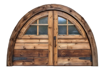 Rustic Wooden Door with Arched Frame and Glazed Windows on Black Background