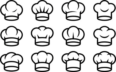Collection of twelve different black and white chef hats in a grid pattern