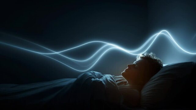 In a tranquil bedroom, a figure lies peacefully asleep, surrounded by soft blankets. Gentle waves of light illuminate the space, creating an ethereal atmosphere that embodies rest and serenity.