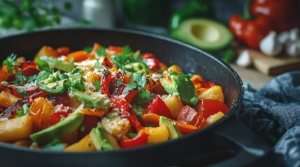 Loaded vegetarian fries with avocado, roasted peppers, jalapeno peppers and cheddar cheese