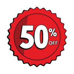 Bold red circular sticker design featuring a prominent 50 percent off discount for retail promotions