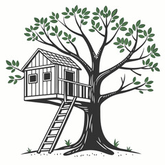 Whimsical Treehouse Structure Clinging to a Towering Tree with Lush Green Foliage and Rustic Wooden Design